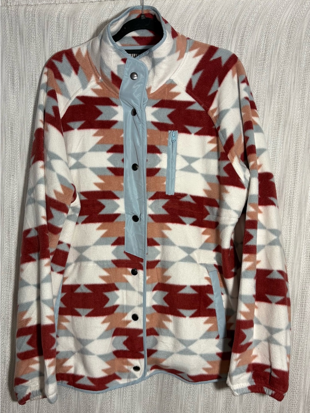 Aztec Print Teddy Fleece Jacket in Red, Cream & Rust - Light Blue Trim